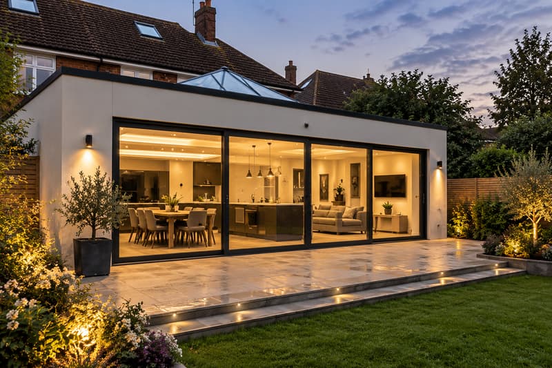 Modern single storey rear extension with open bifold doors and a roof lantern at sunset